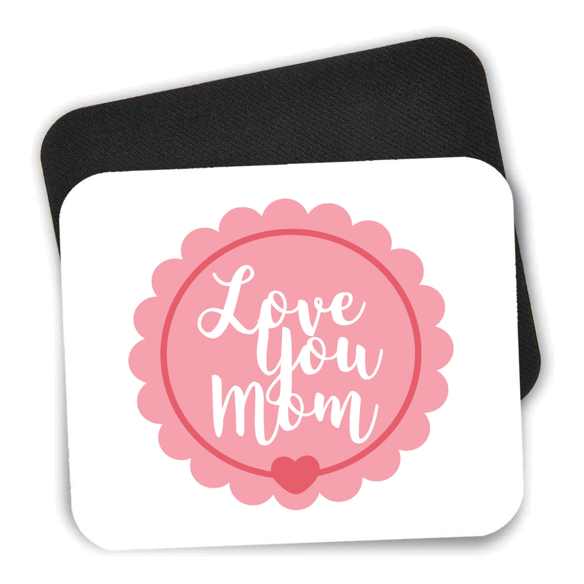 Love You Mom - Pink Ribbon mouse pad shown with its black non-slip rubber underside