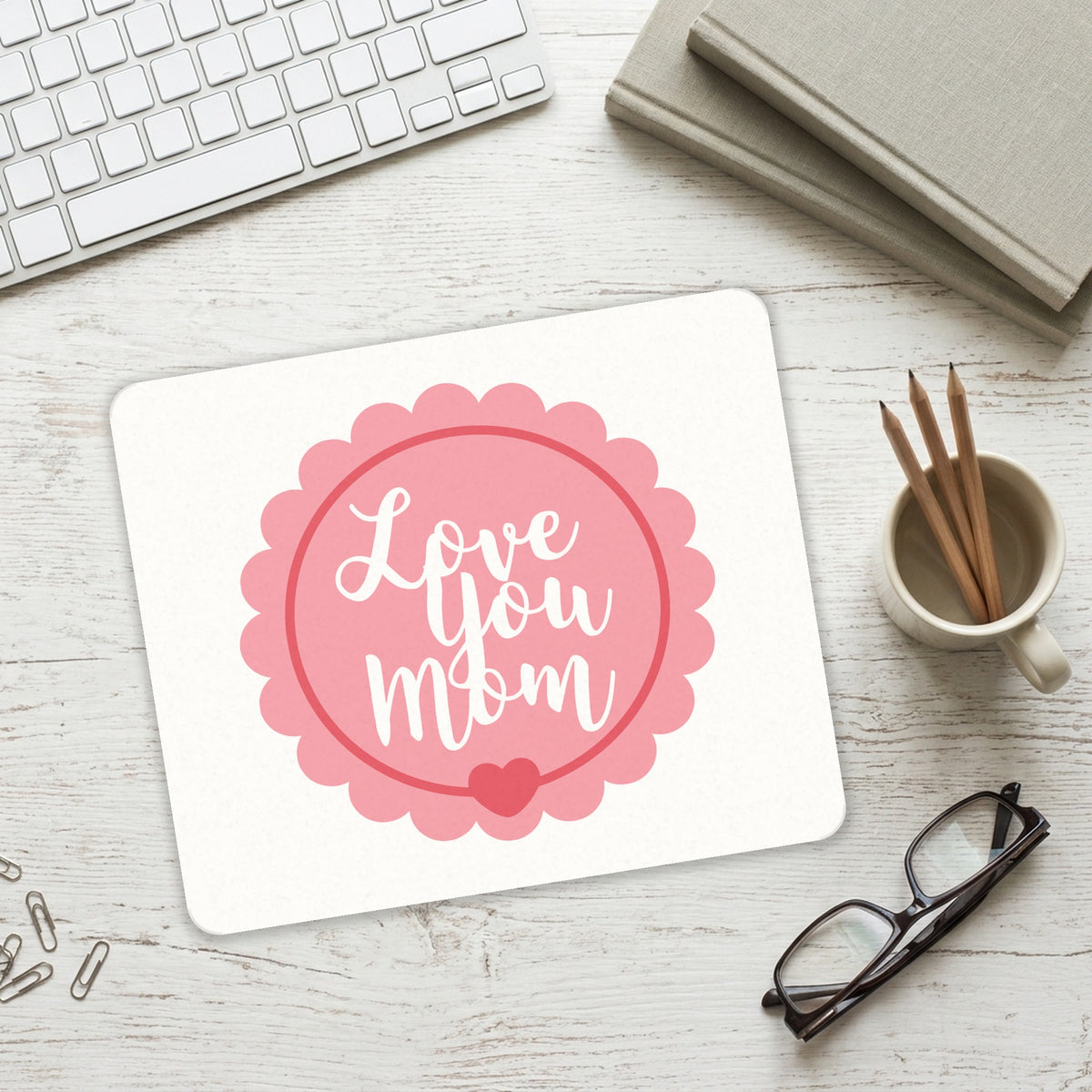 Love You Mom - Pink Ribbon mouse pad on a desk with a keyboard