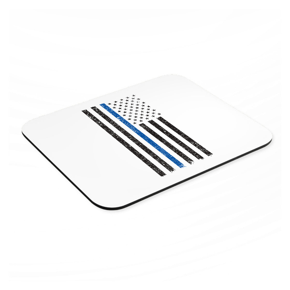 Weathered Thin Blue Line US Flag mouse pad, angled view showing the 1/4 inch thick base
