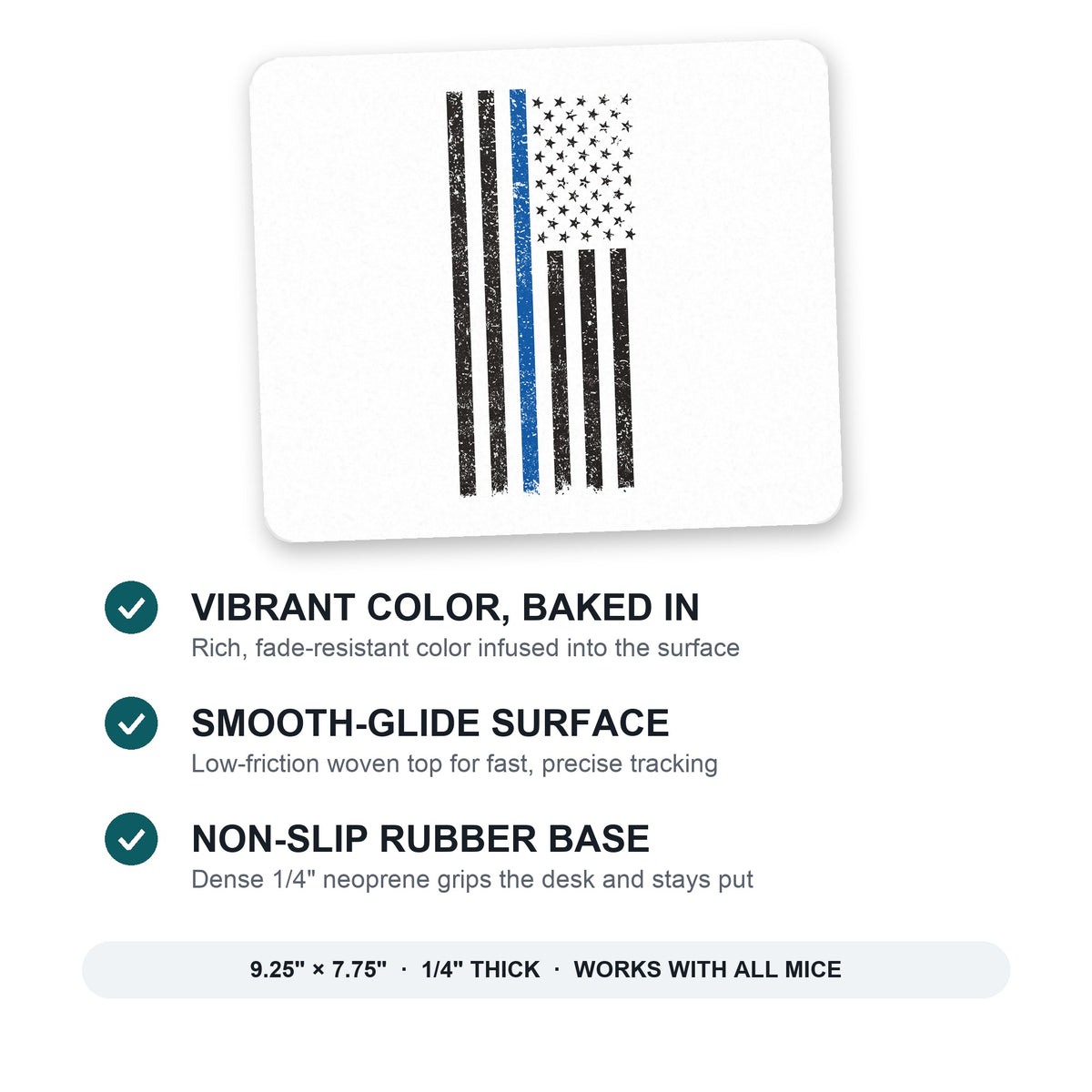 Weathered Thin Blue Line US Flag mouse pad: vibrant color, smooth-glide surface, non-slip rubber base, 9.25 x 7.75 inches