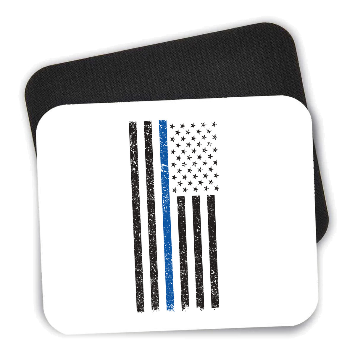 Weathered Thin Blue Line US Flag mouse pad shown with its black non-slip rubber underside
