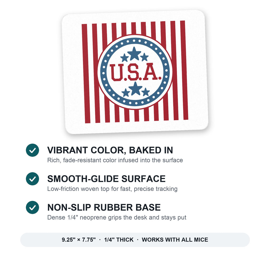 USA Banner Flag Red White & Blue mouse pad: vibrant color, smooth-glide surface, non-slip rubber base, 9.25 x 7.75 inches