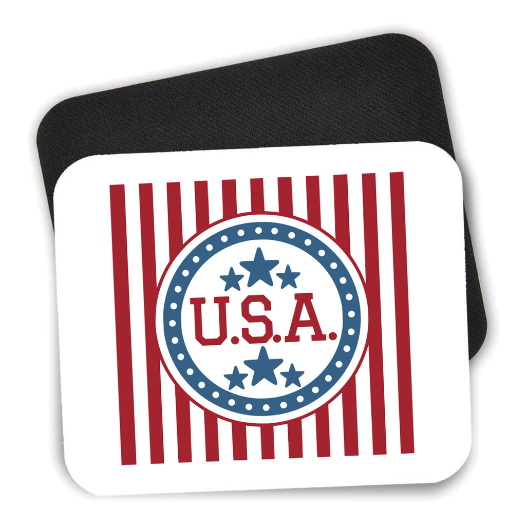 USA Banner Flag Red White & Blue mouse pad shown with its black non-slip rubber underside
