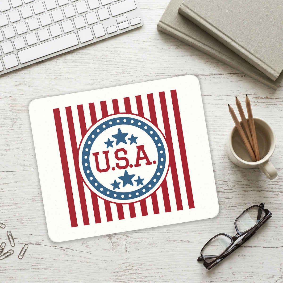 USA Banner Flag Red White & Blue mouse pad on a desk with a keyboard