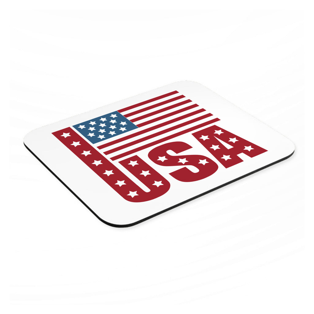 USA Flag Banner Red White & Blue mouse pad, angled view showing the 1/4 inch thick base