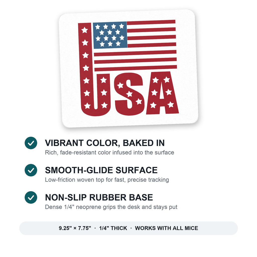 USA Flag Banner Red White & Blue mouse pad: vibrant color, smooth-glide surface, non-slip rubber base, 9.25 x 7.75 inches