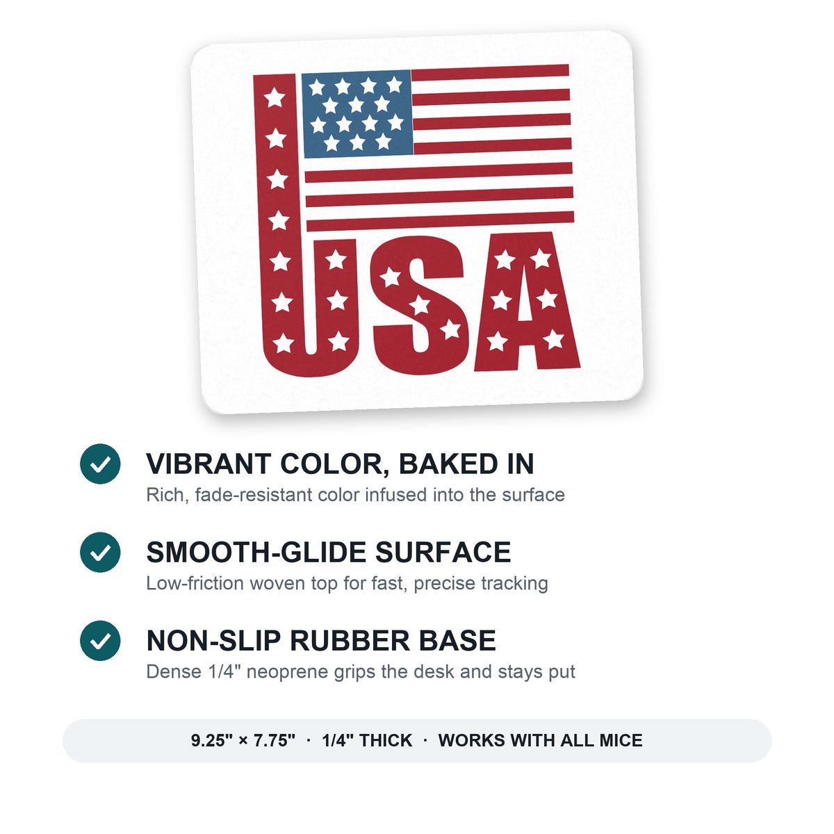 USA Flag Banner Red White & Blue mouse pad: vibrant color, smooth-glide surface, non-slip rubber base, 9.25 x 7.75 inches