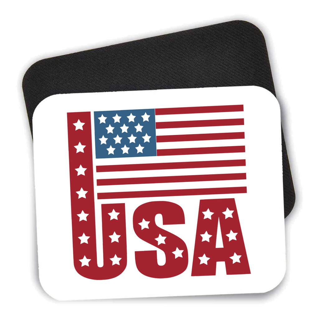 USA Flag Banner Red White & Blue mouse pad shown with its black non-slip rubber underside