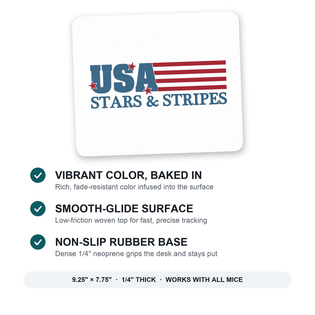 USA Flag Stars & Stripes mouse pad: vibrant color, smooth-glide surface, non-slip rubber base, 9.25 x 7.75 inches