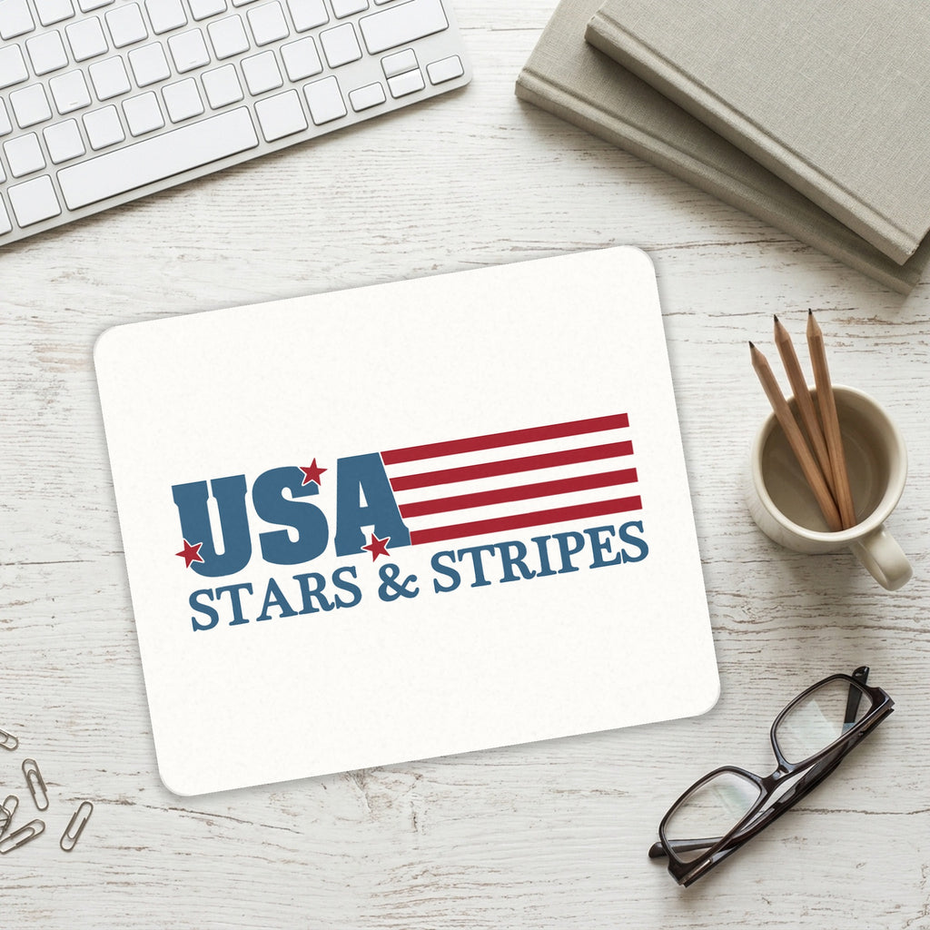 USA Flag Stars & Stripes mouse pad on a desk with a keyboard