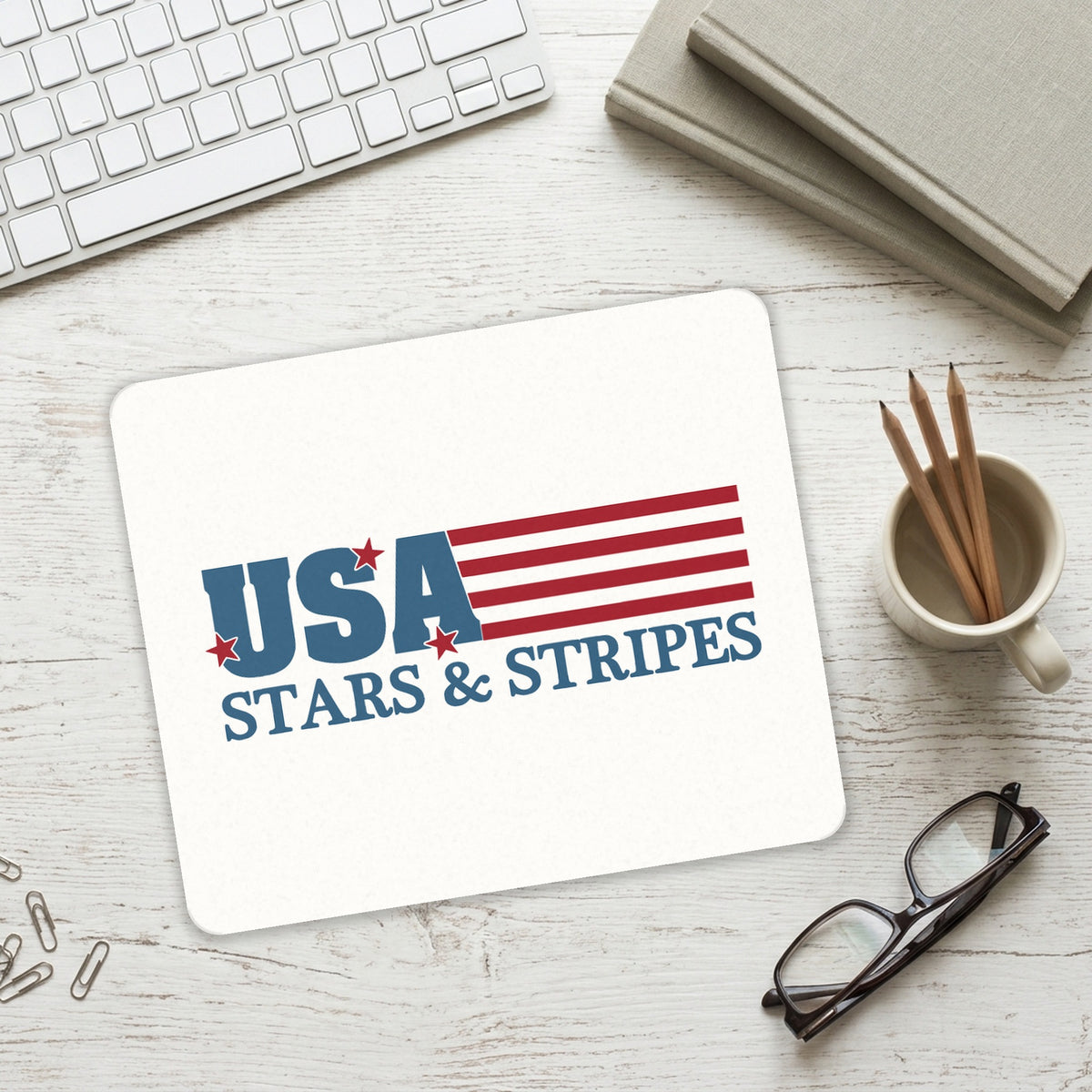USA Flag Stars & Stripes mouse pad on a desk with a keyboard