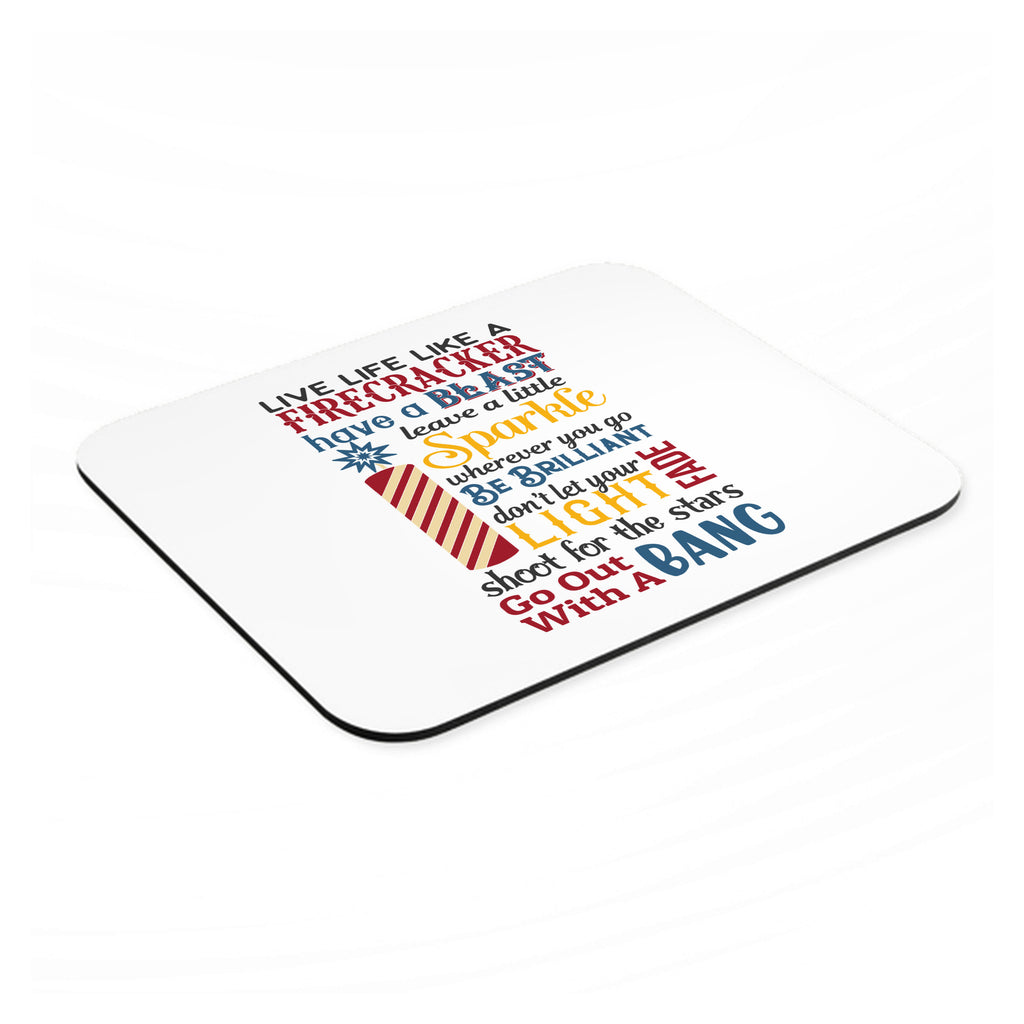 4th of July Word Art Firecracker mouse pad, angled view showing the 1/4 inch thick base