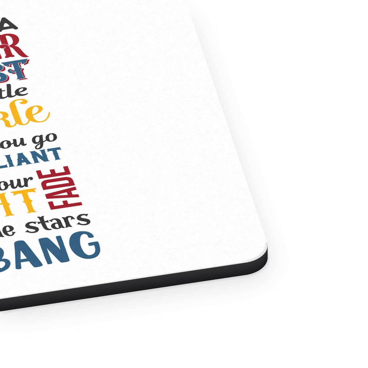 4th of July Word Art Firecracker mouse pad, close-up of the fabric surface and rubber edge