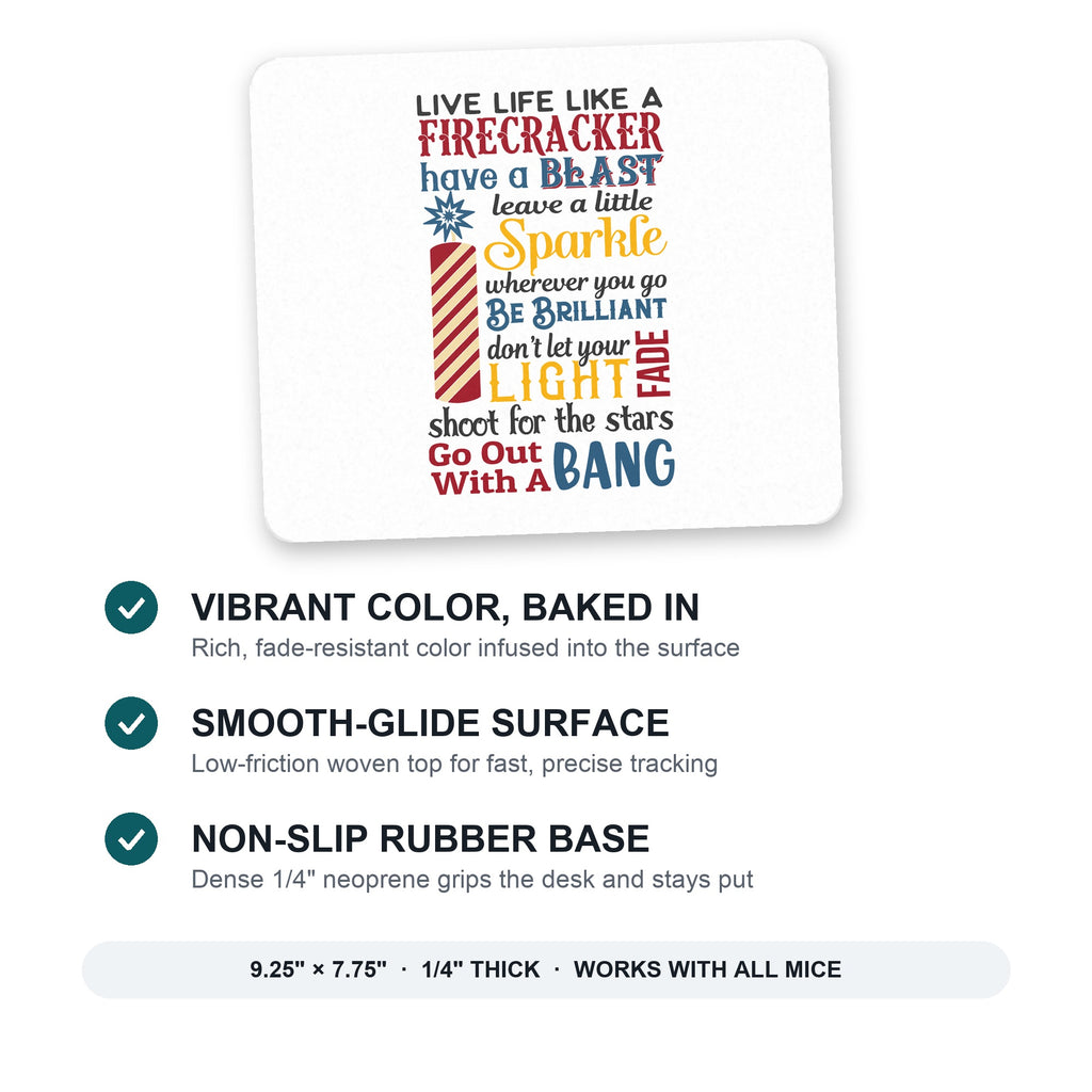 4th of July Word Art Firecracker mouse pad: vibrant color, smooth-glide surface, non-slip rubber base, 9.25 x 7.75 inches