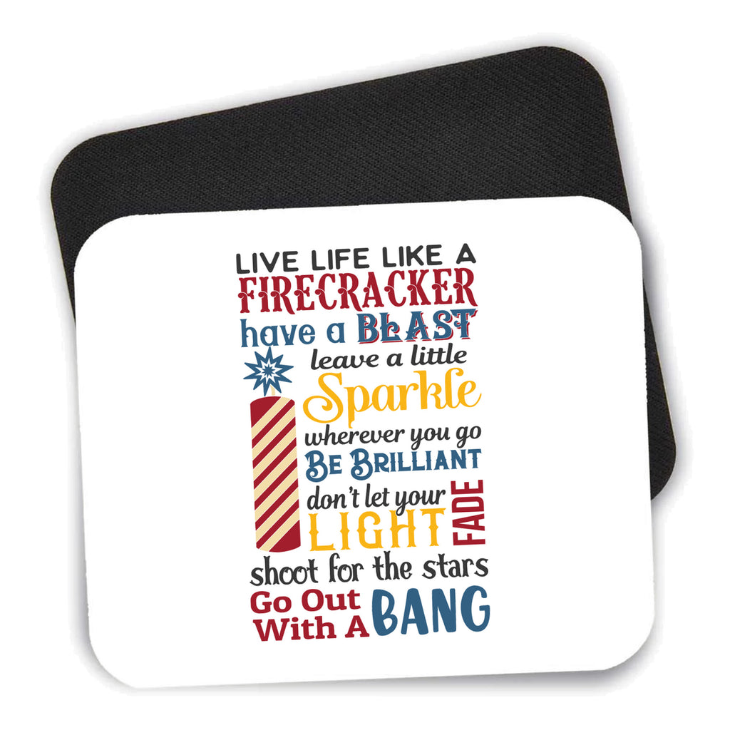 4th of July Word Art Firecracker mouse pad shown with its black non-slip rubber underside