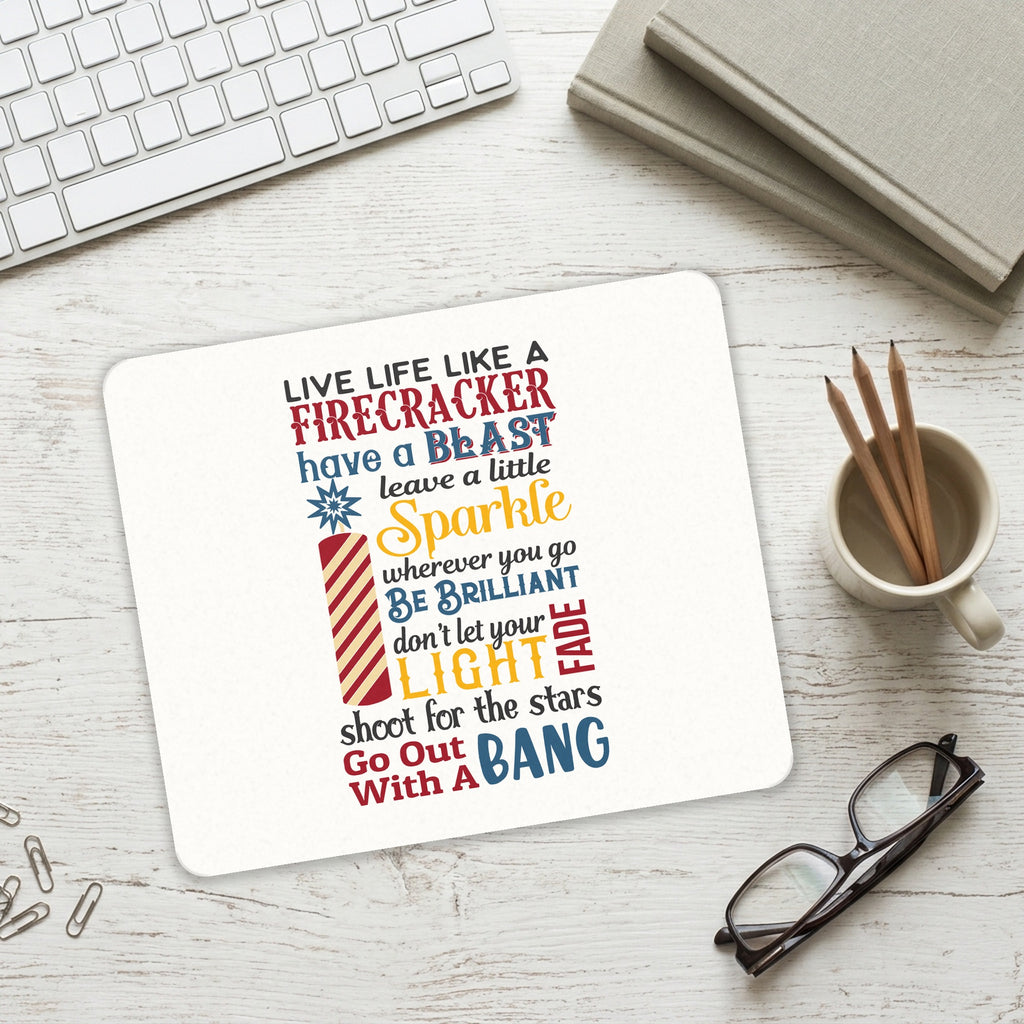 4th of July Word Art Firecracker mouse pad on a desk with a keyboard