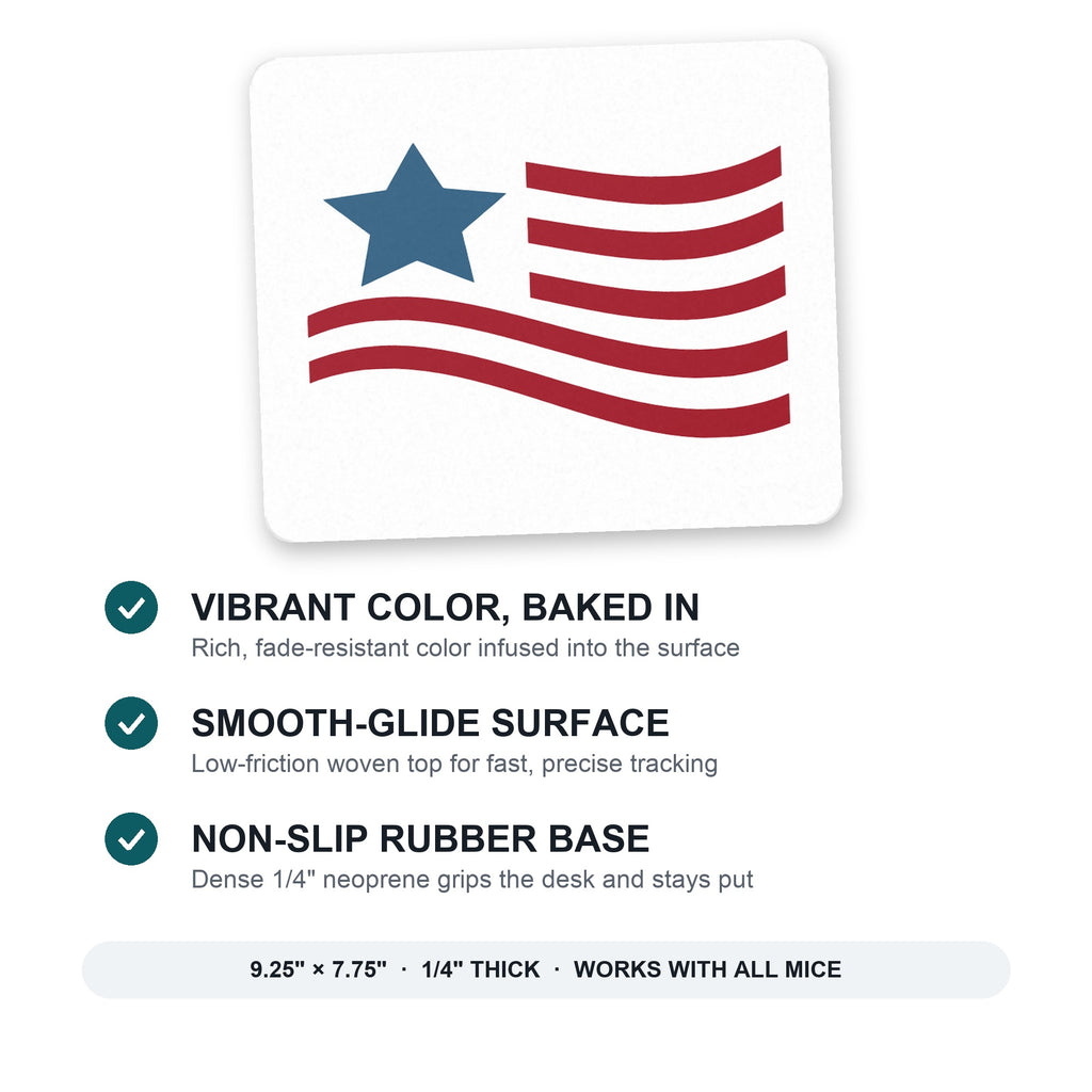 USA Waving Flag Red White & Blue mouse pad: vibrant color, smooth-glide surface, non-slip rubber base, 9.25 x 7.75 inches