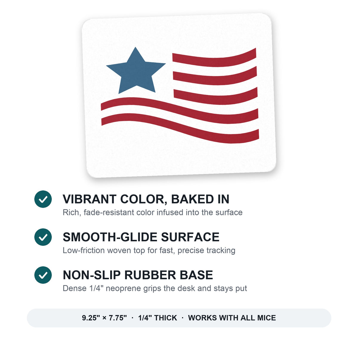 USA Waving Flag Red White & Blue mouse pad: vibrant color, smooth-glide surface, non-slip rubber base, 9.25 x 7.75 inches