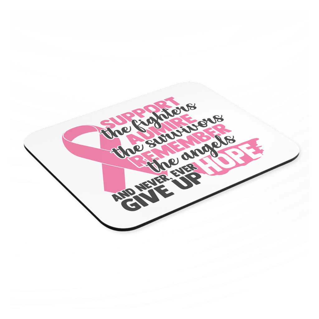 Pink Ribbon Cancer - Support Admire Remember mouse pad, angled view showing the 1/4 inch thick base