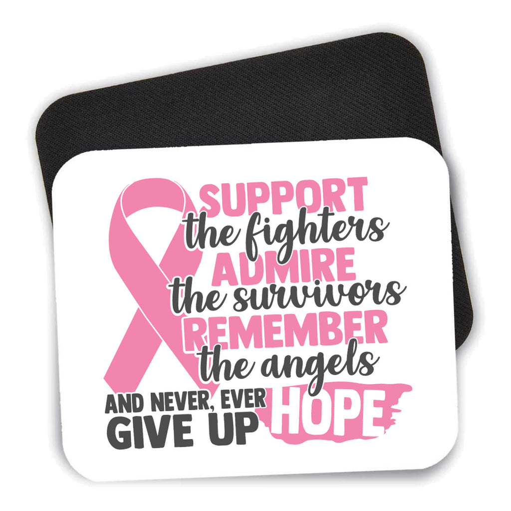 Pink Ribbon Cancer - Support Admire Remember mouse pad shown with its black non-slip rubber underside