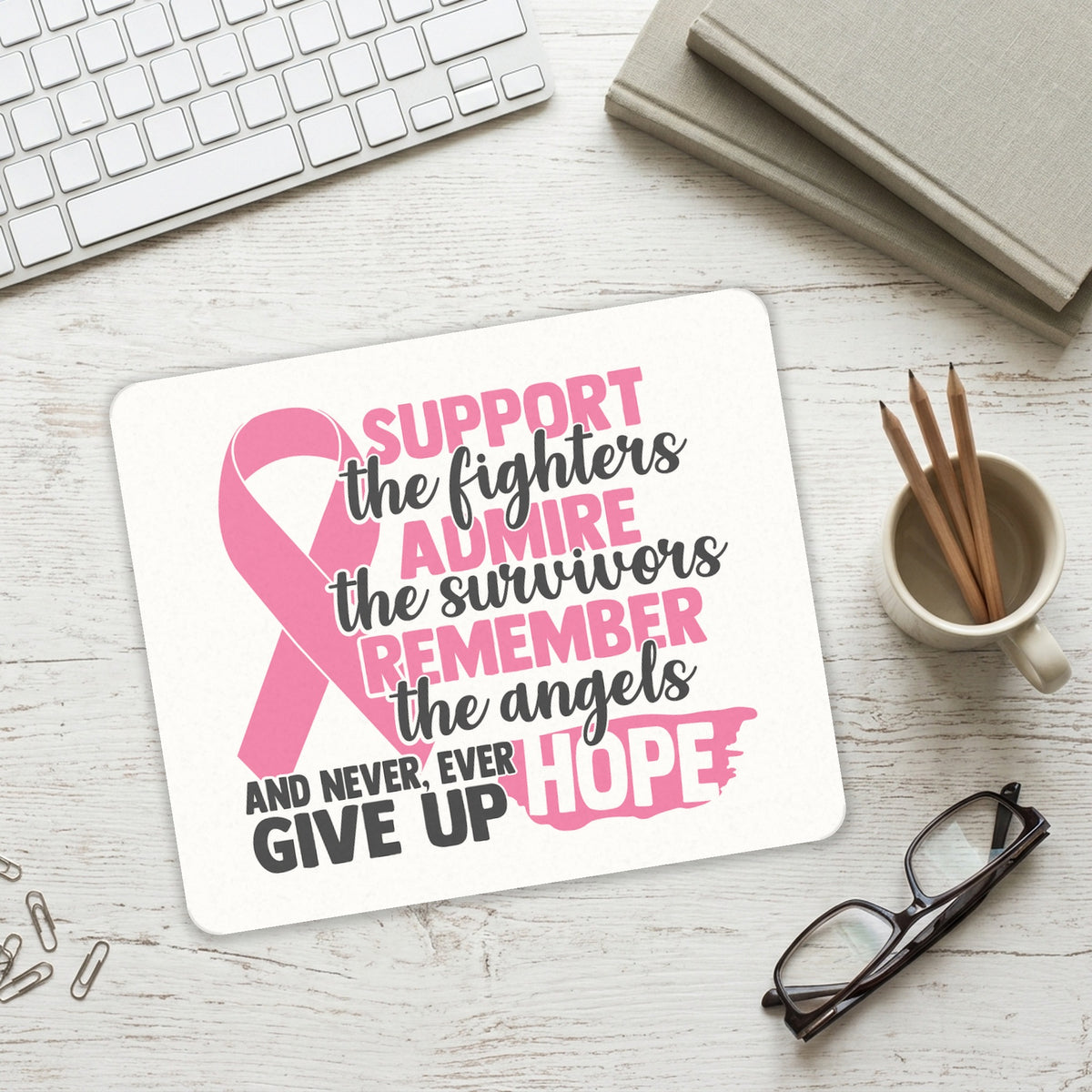 Pink Ribbon Cancer - Support Admire Remember mouse pad on a desk with a keyboard
