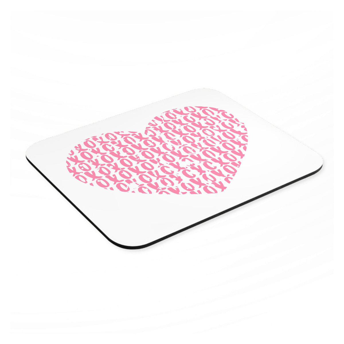 XOXO Heart Pink mouse pad, angled view showing the 1/4 inch thick base