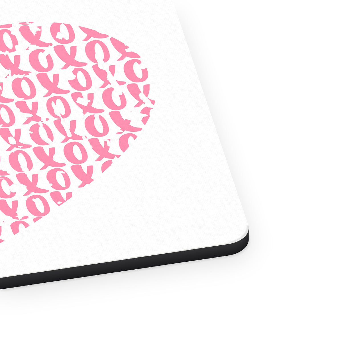 XOXO Heart Pink mouse pad, close-up of the fabric surface and rubber edge