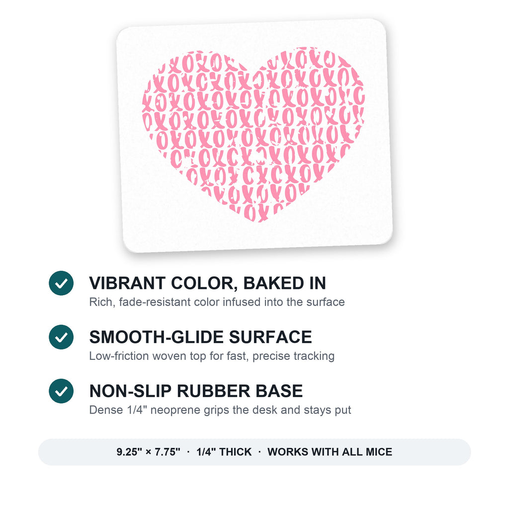 XOXO Heart Pink mouse pad: vibrant color, smooth-glide surface, non-slip rubber base, 9.25 x 7.75 inches