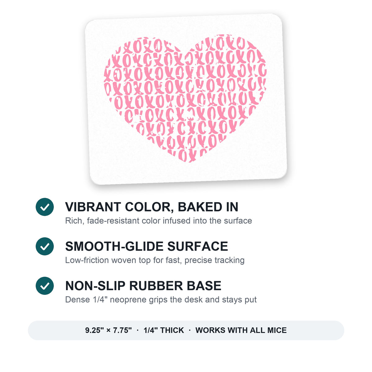 XOXO Heart Pink mouse pad: vibrant color, smooth-glide surface, non-slip rubber base, 9.25 x 7.75 inches