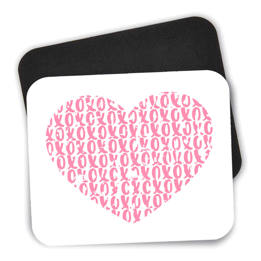 XOXO Heart Pink mouse pad shown with its black non-slip rubber underside