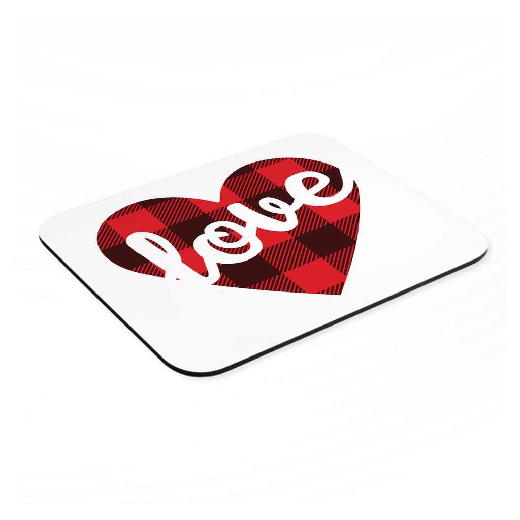 Buffalo Love Heart - Red Black Plaid mouse pad, angled view showing the 1/4 inch thick base