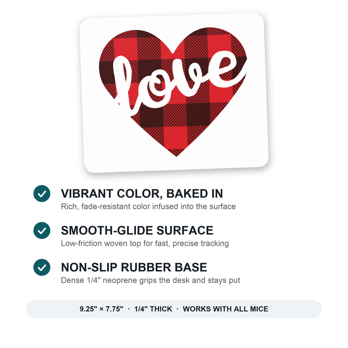 Buffalo Love Heart - Red Black Plaid mouse pad: vibrant color, smooth-glide surface, non-slip rubber base, 9.25 x 7.75 inches