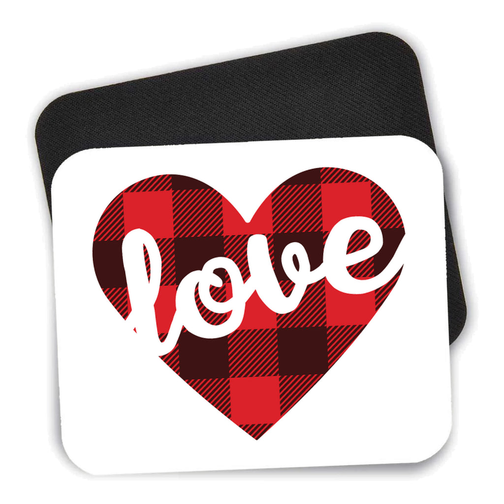 Buffalo Love Heart - Red Black Plaid mouse pad shown with its black non-slip rubber underside