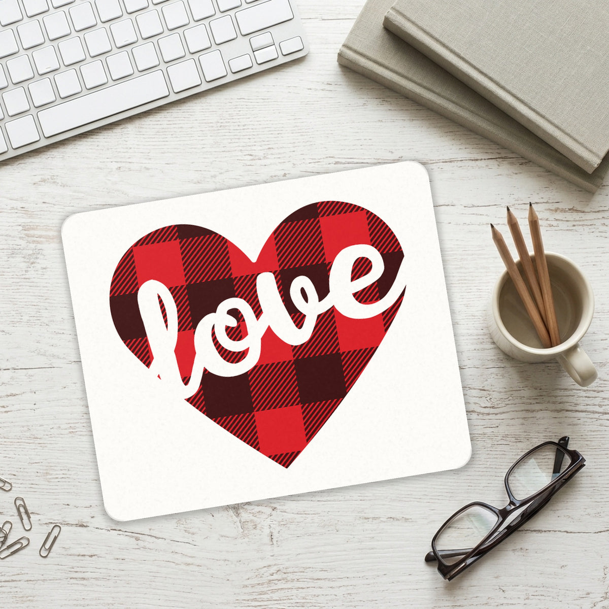 Buffalo Love Heart - Red Black Plaid mouse pad on a desk with a keyboard