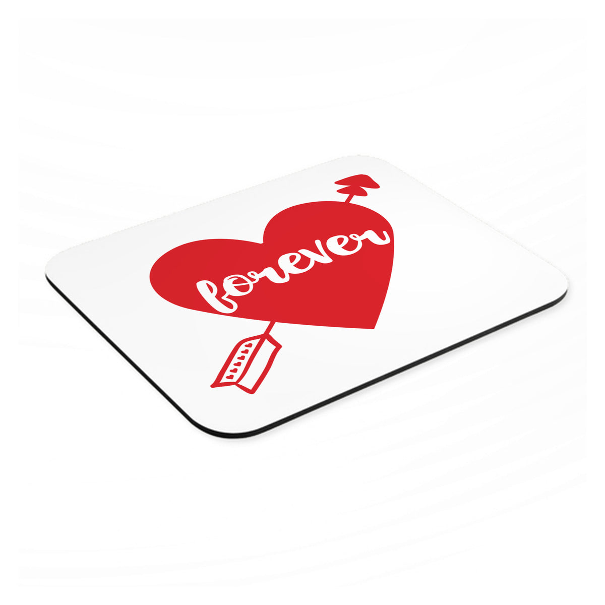 Heart Arrow Forever Valentine mouse pad, angled view showing the 1/4 inch thick base