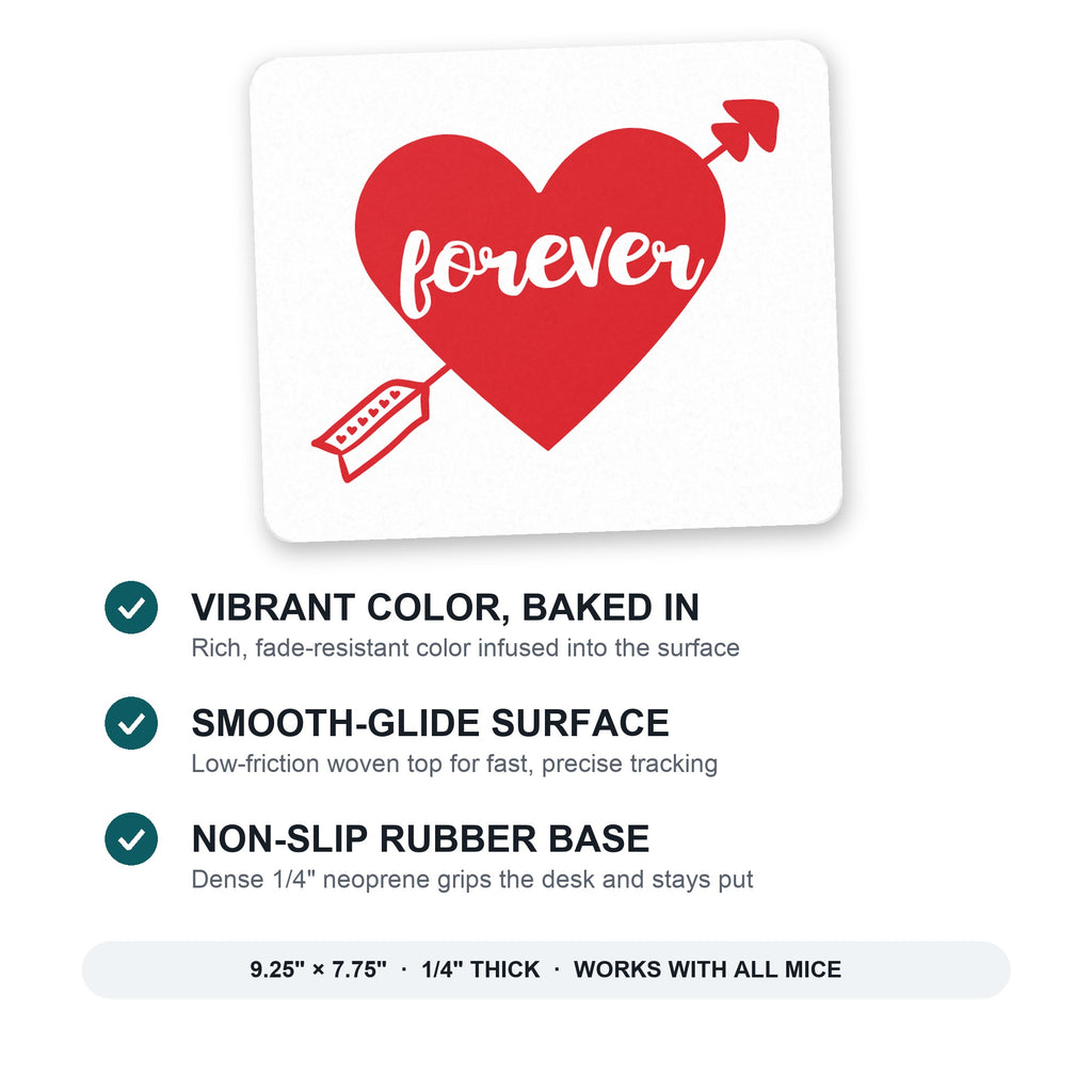 Heart Arrow Forever Valentine mouse pad: vibrant color, smooth-glide surface, non-slip rubber base, 9.25 x 7.75 inches
