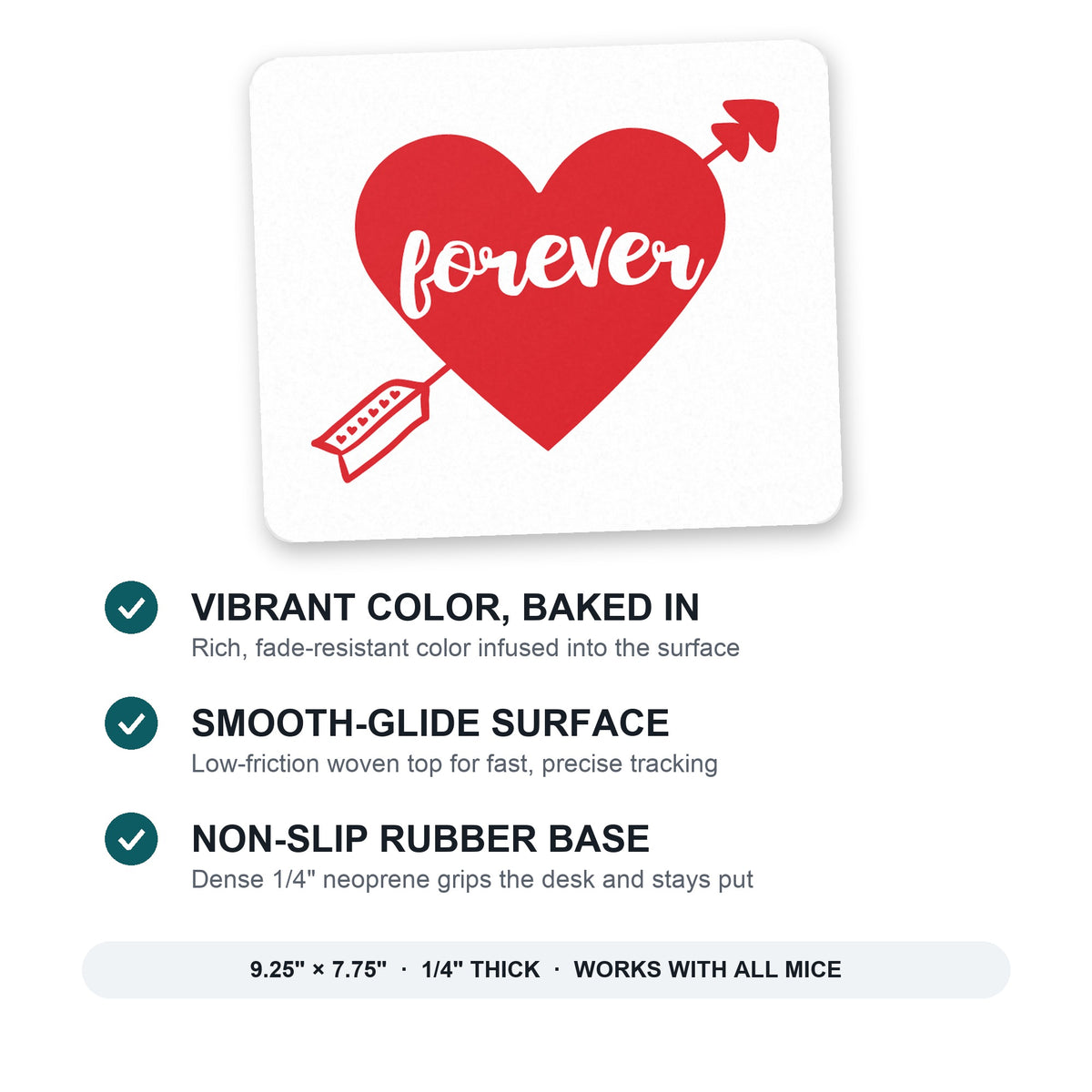 Heart Arrow Forever Valentine mouse pad: vibrant color, smooth-glide surface, non-slip rubber base, 9.25 x 7.75 inches