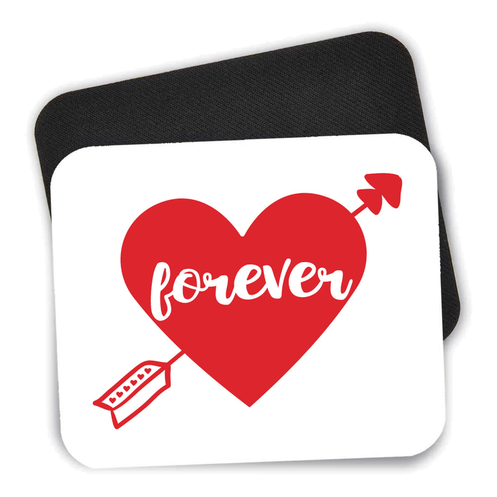 Heart Arrow Forever Valentine mouse pad shown with its black non-slip rubber underside