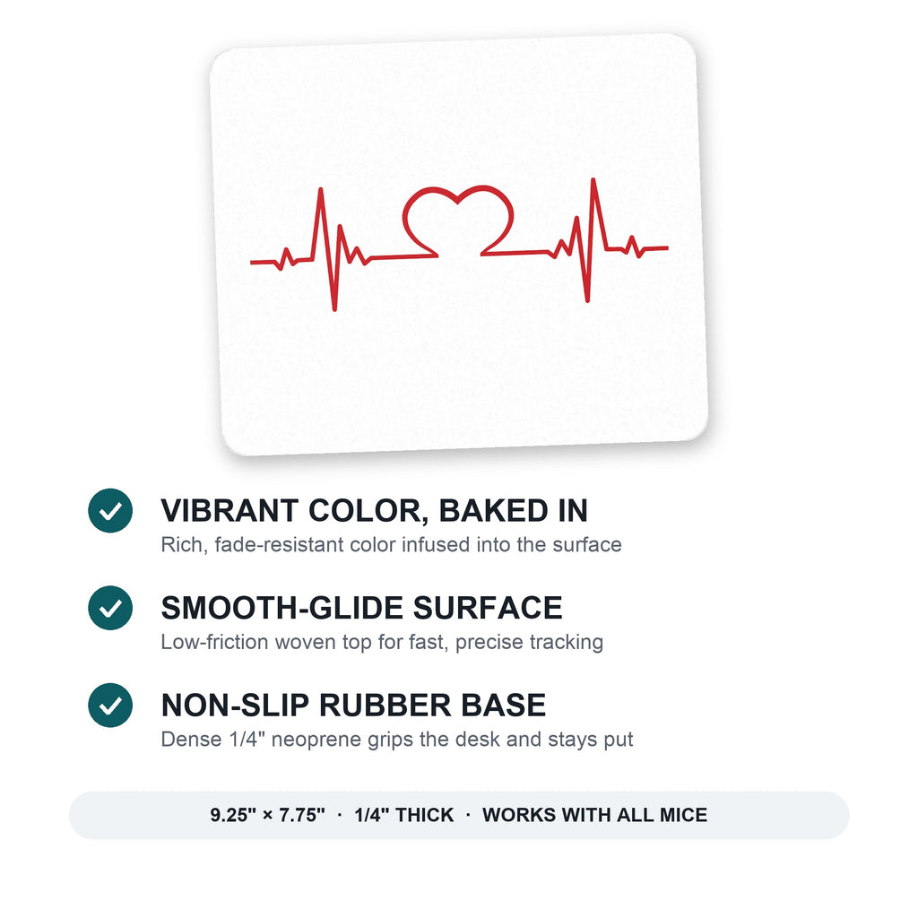 Heart Pulse EKG Red Valentine mouse pad: vibrant color, smooth-glide surface, non-slip rubber base, 9.25 x 7.75 inches