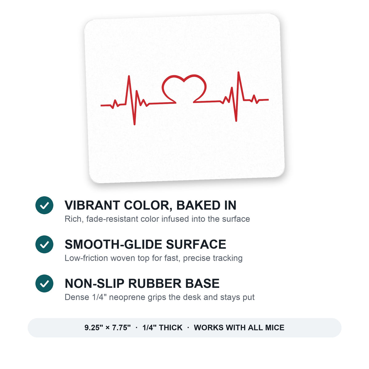 Heart Pulse EKG Red Valentine mouse pad: vibrant color, smooth-glide surface, non-slip rubber base, 9.25 x 7.75 inches