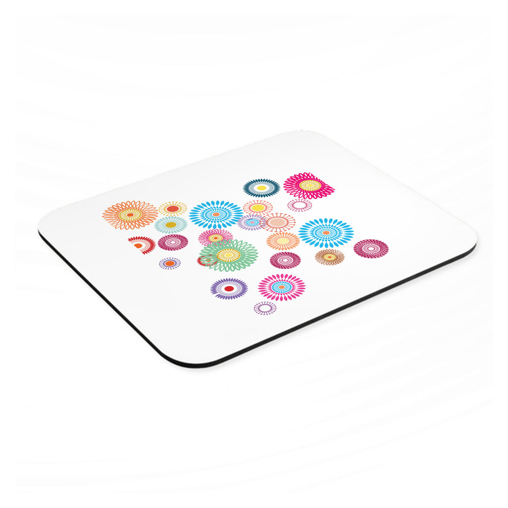 Cartoon Wildflowers Rainbow Colors mouse pad, angled view showing the 1/4 inch thick base