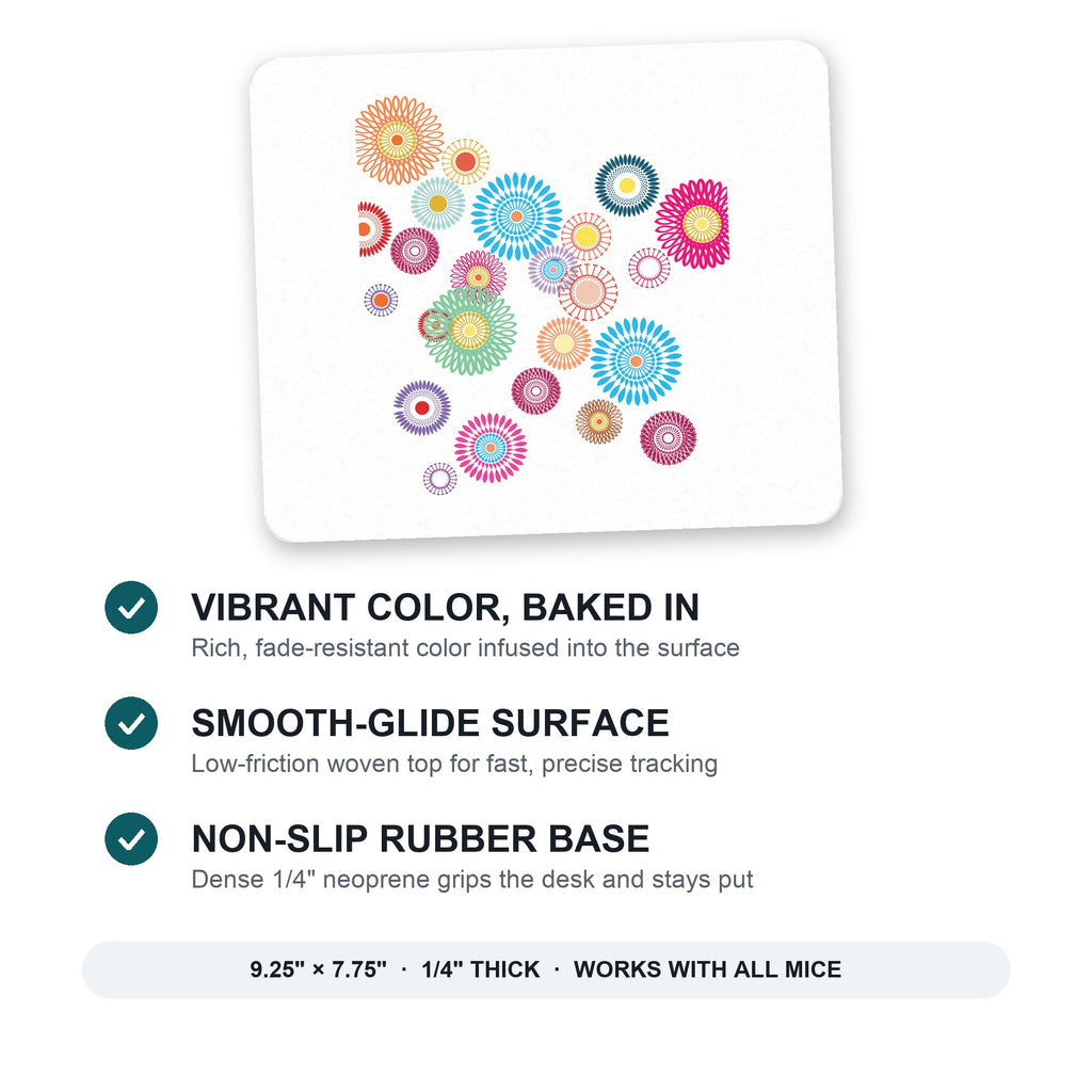 Cartoon Wildflowers Rainbow Colors mouse pad: vibrant color, smooth-glide surface, non-slip rubber base, 9.25 x 7.75 inches