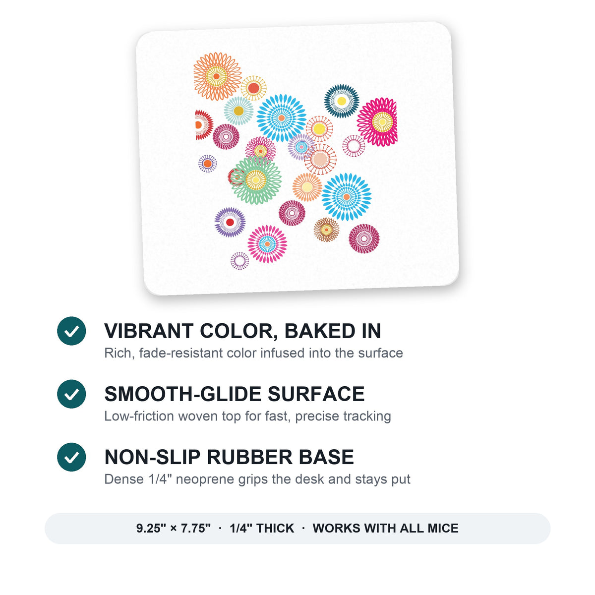 Cartoon Wildflowers Rainbow Colors mouse pad: vibrant color, smooth-glide surface, non-slip rubber base, 9.25 x 7.75 inches