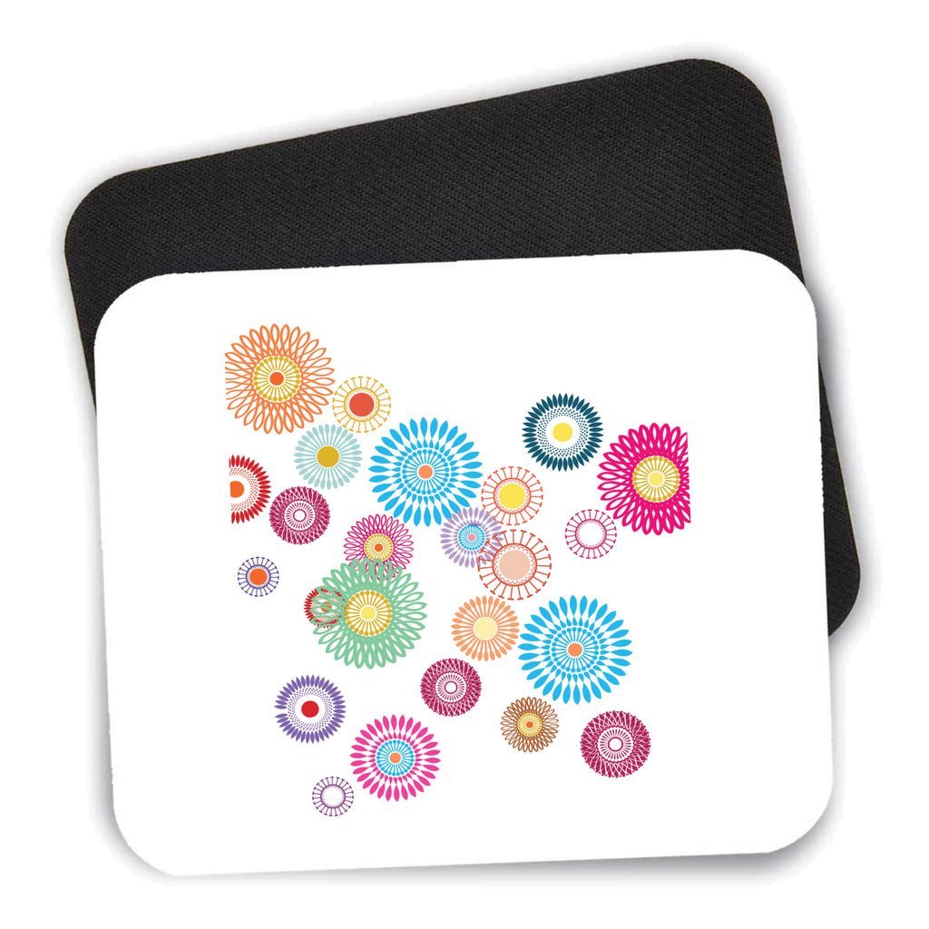 Cartoon Wildflowers Rainbow Colors mouse pad shown with its black non-slip rubber underside