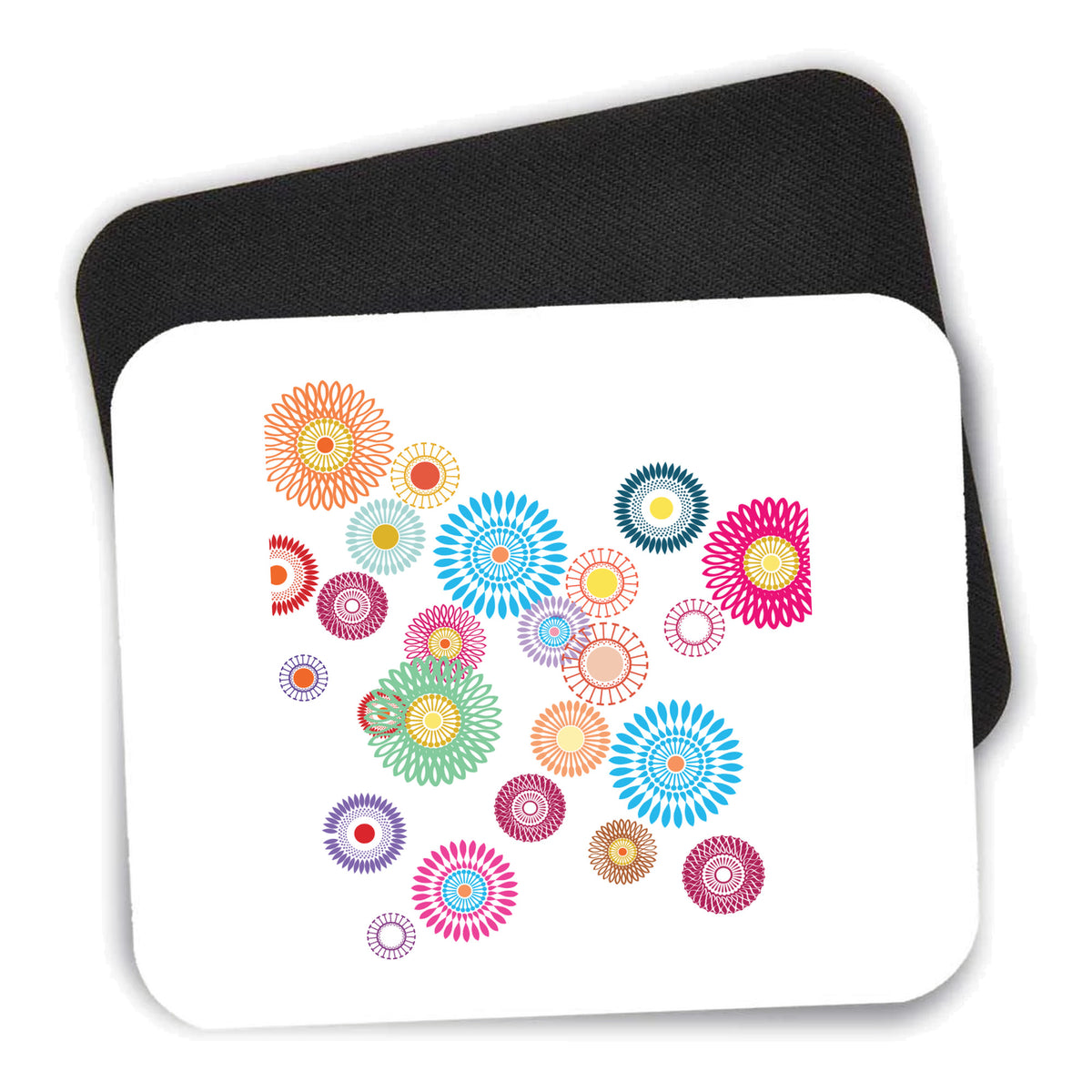 Cartoon Wildflowers Rainbow Colors mouse pad shown with its black non-slip rubber underside
