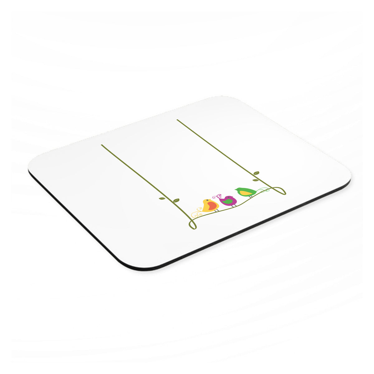 Colorful Birds Cartoon on a Vine mouse pad, angled view showing the 1/4 inch thick base