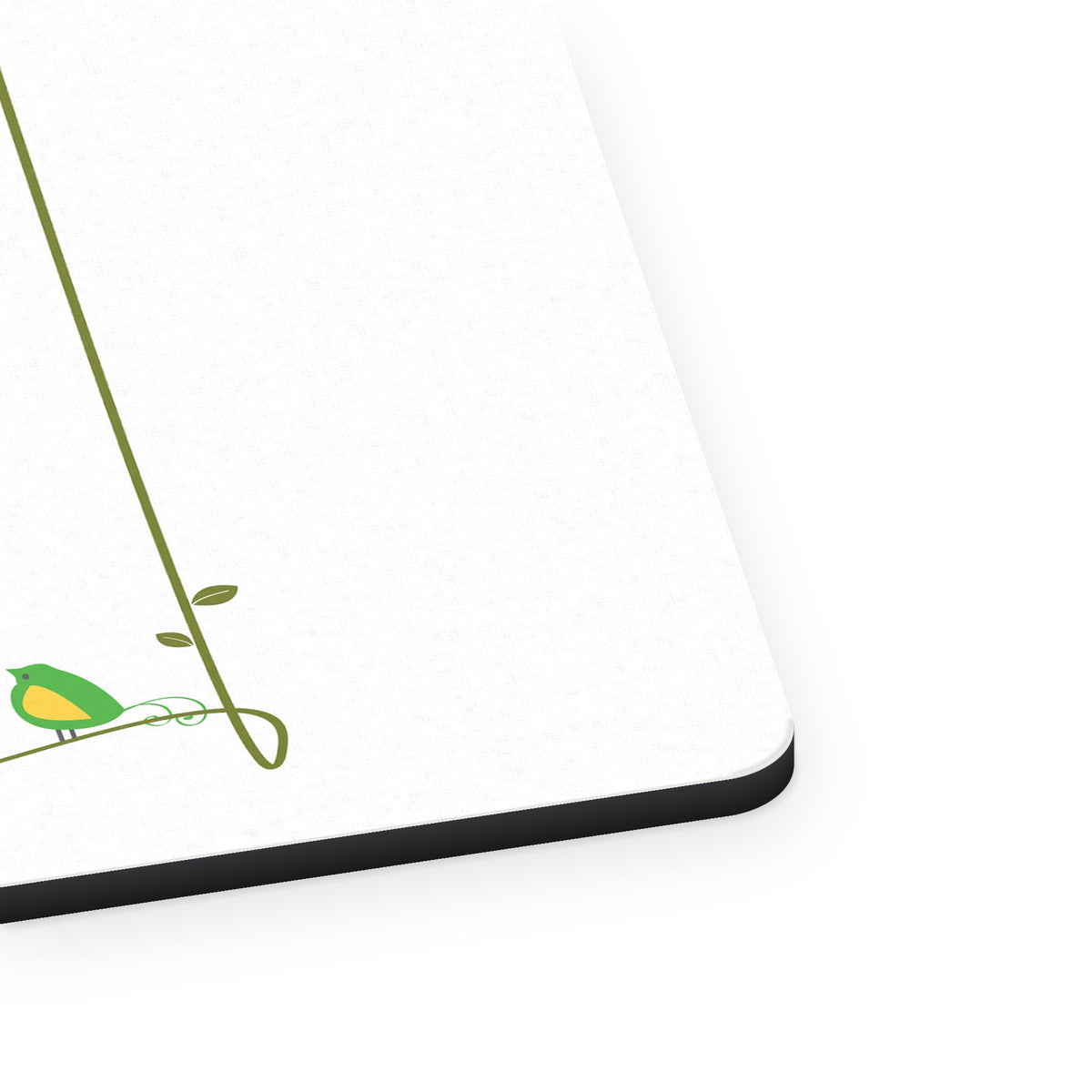 Colorful Birds Cartoon on a Vine mouse pad, close-up of the fabric surface and rubber edge