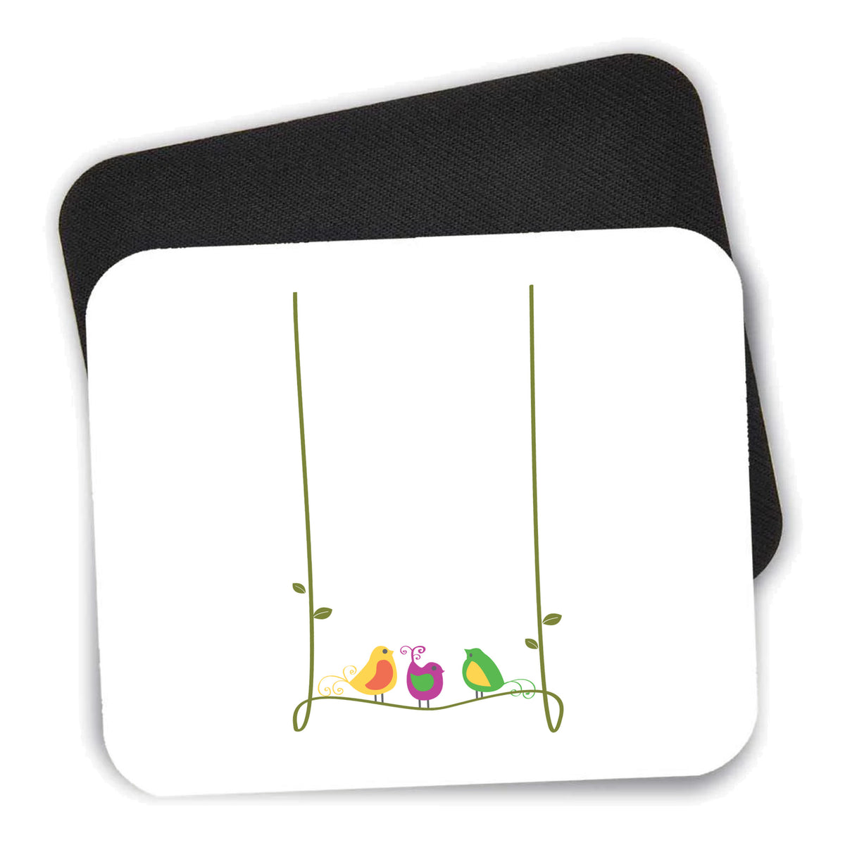 Colorful Birds Cartoon on a Vine mouse pad shown with its black non-slip rubber underside