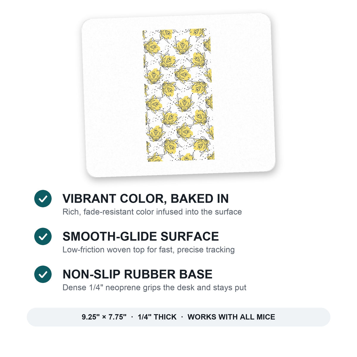 Wildflower Yellow Graffiti mouse pad: vibrant color, smooth-glide surface, non-slip rubber base, 9.25 x 7.75 inches