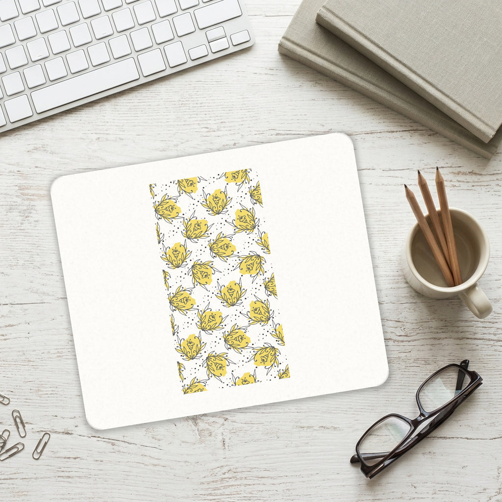 Wildflower Yellow Graffiti mouse pad on a desk with a keyboard
